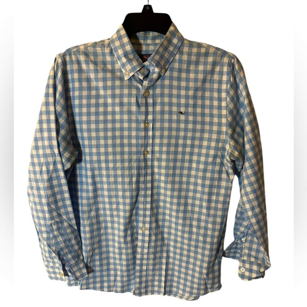 Vineyard Vines Boys Blue/White Check Button Down‎ Whale Shirt Size Large (16)